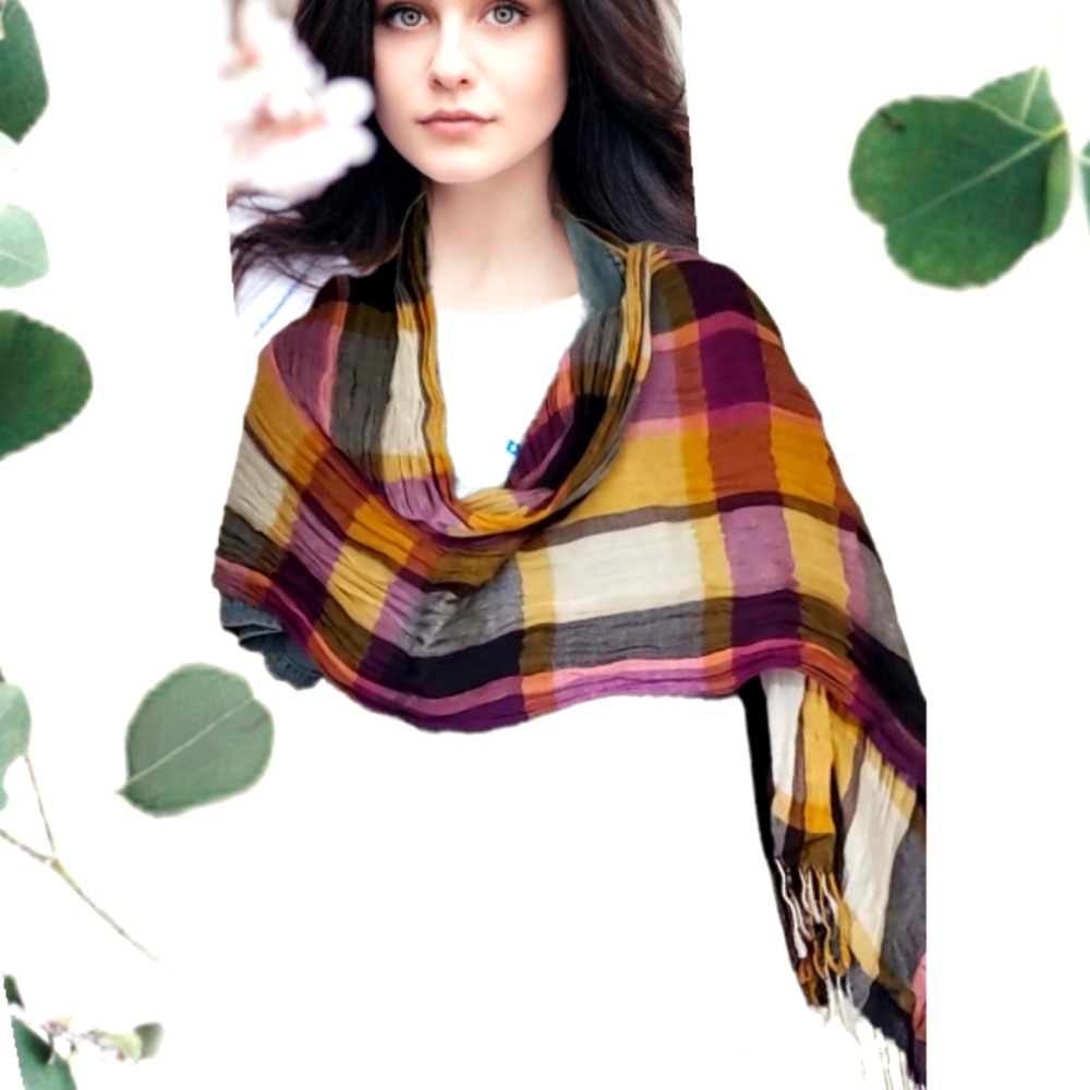 Long Colorful Scarf 25x74" Purple Gold Black Plaid Comfortable Fabric
